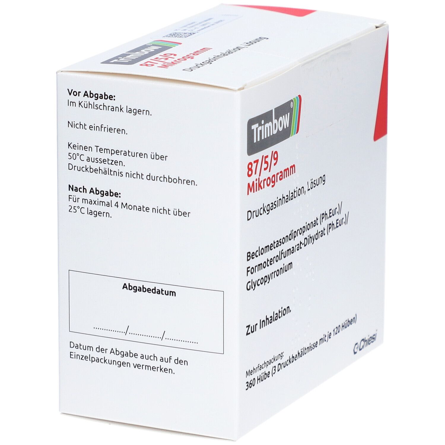 Weiße Verpackung mit rotem Akzent. Aufschrift: Trimbow 87/5/9 Mikrogramm. Hinweise zur Lagerung und Haltbarkeit.