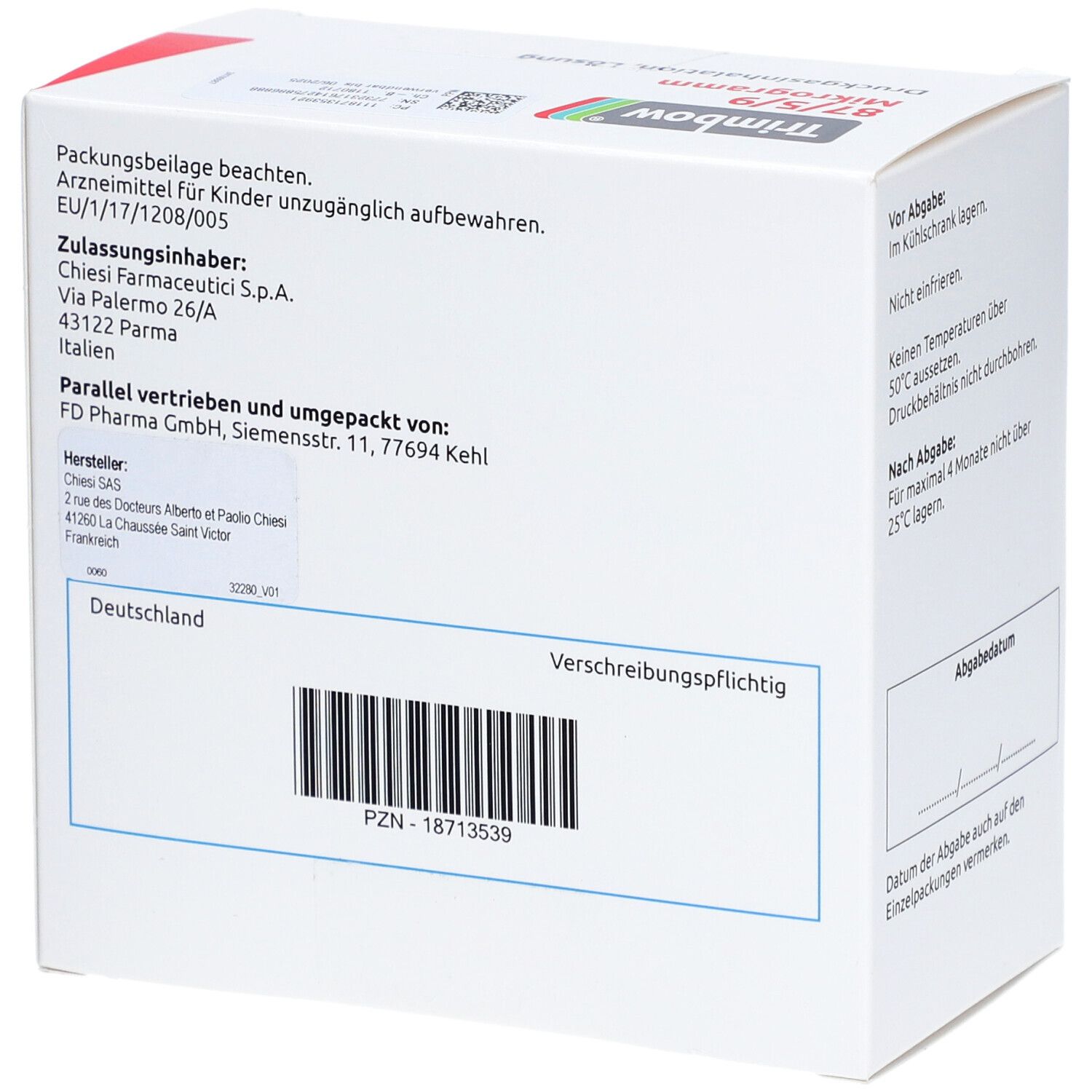 Weiße Verpackung mit rotem Akzent. Aufschrift: Trimbow 87/5/9 Mikrogramm. Barcode und Anschrift des Herstellers.
