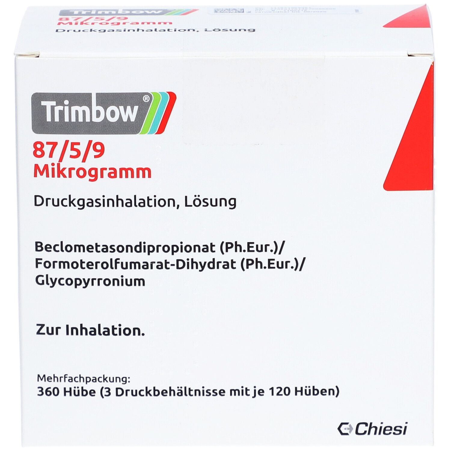 Weiße Verpackung mit rotem Akzent. Aufschrift: Trimbow 87/5/9 Mikrogramm. Druckgasinhalation, Lösung. Wirkstoffe.