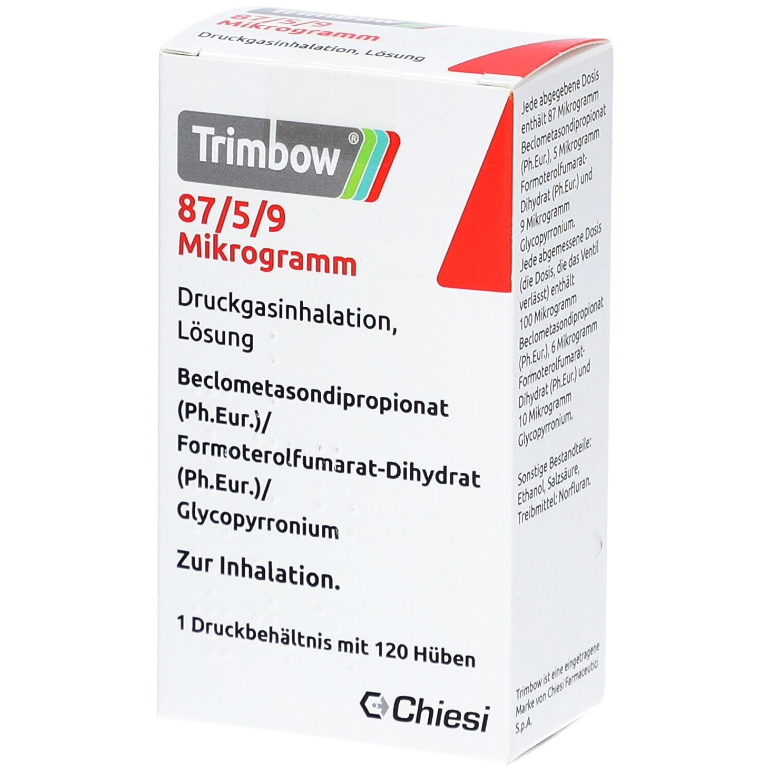 Weiße Faltschachtel mit roter Ecke. Aufdruck: Trimbow 87/5/9 Mikrogramm, Druckgasinhalation, Lösung. Enthält Beclometasondipropionat, Formoterolfumarat-Dihydrat, Glycopyrronium.