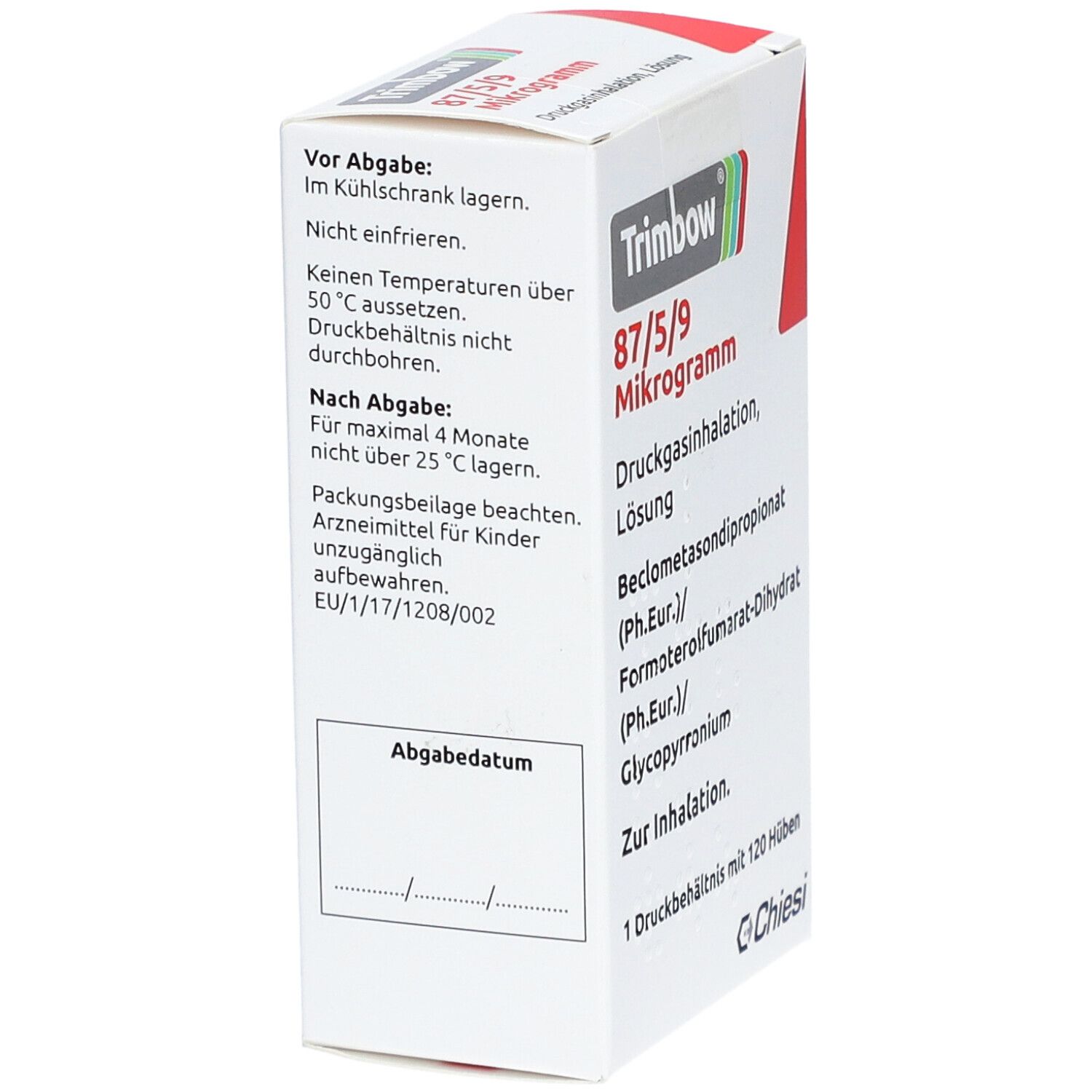 Weiße Faltschachtel mit roter Ecke. Aufdruck: Trimbow 87/5/9 Mikrogramm, Druckgasinhalation, Lösung. Enthält Beclometasondipropionat, Formoterolfumarat-Dihydrat, Glycopyrronium. Text über Lagerung.