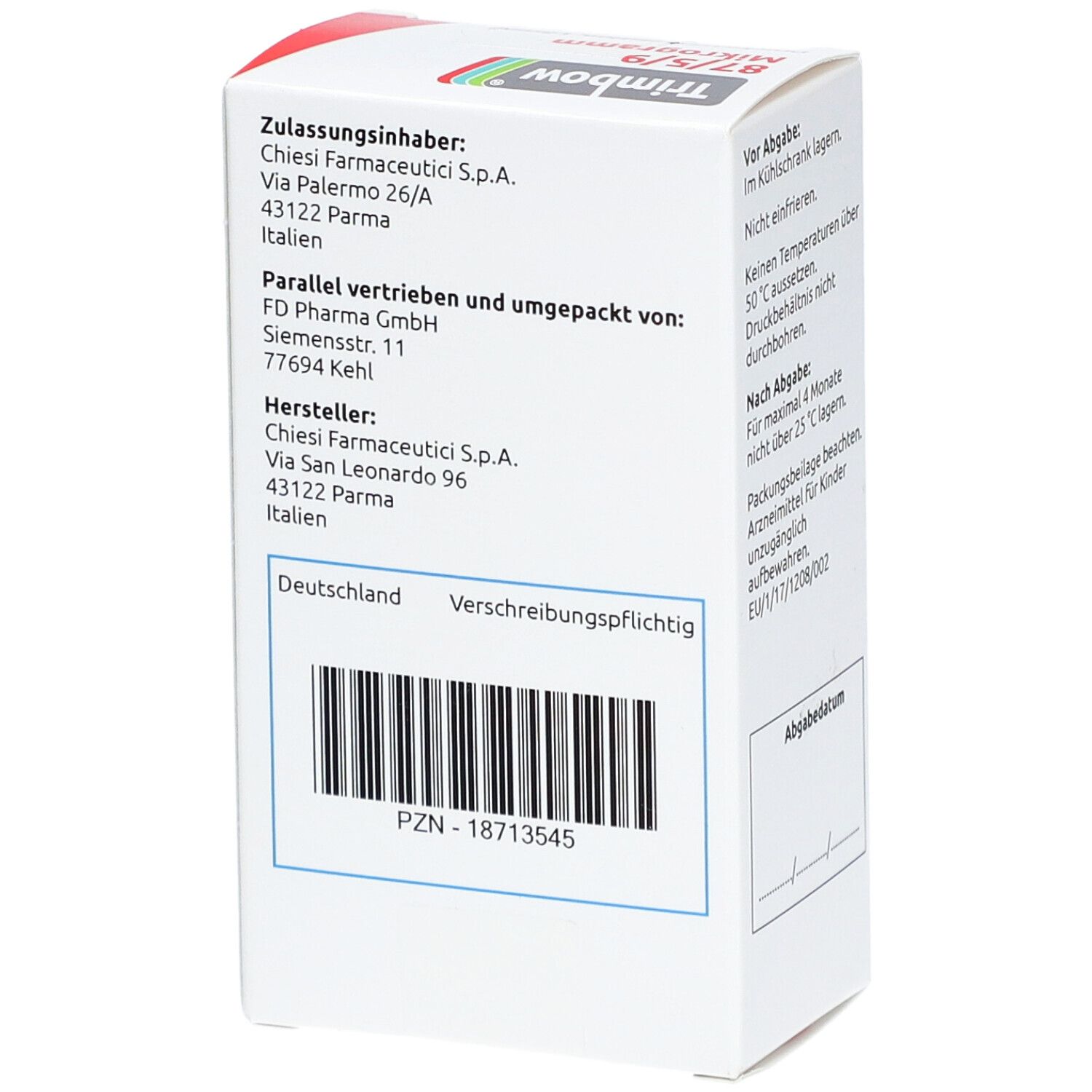 Weiße Faltschachtel mit Barcode und Text. Enthält Informationen zu Hersteller, Vertrieb und Zulassung. PZN-18713545.