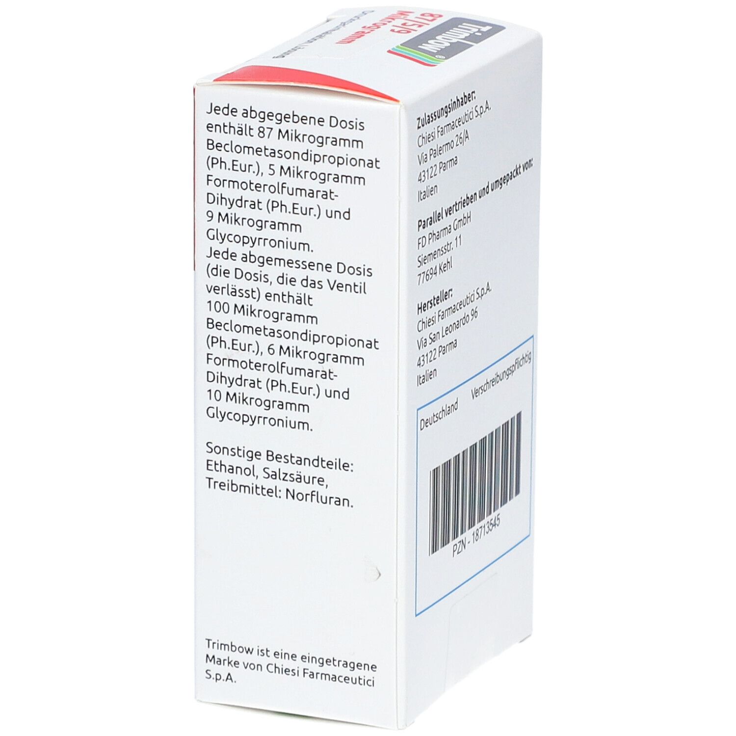 Weiße Faltschachtel mit roter Ecke. Text über Dosierung und Inhaltsstoffe. Enthält Ethanol, Salzsäure, Treibmittel: Norfluran.