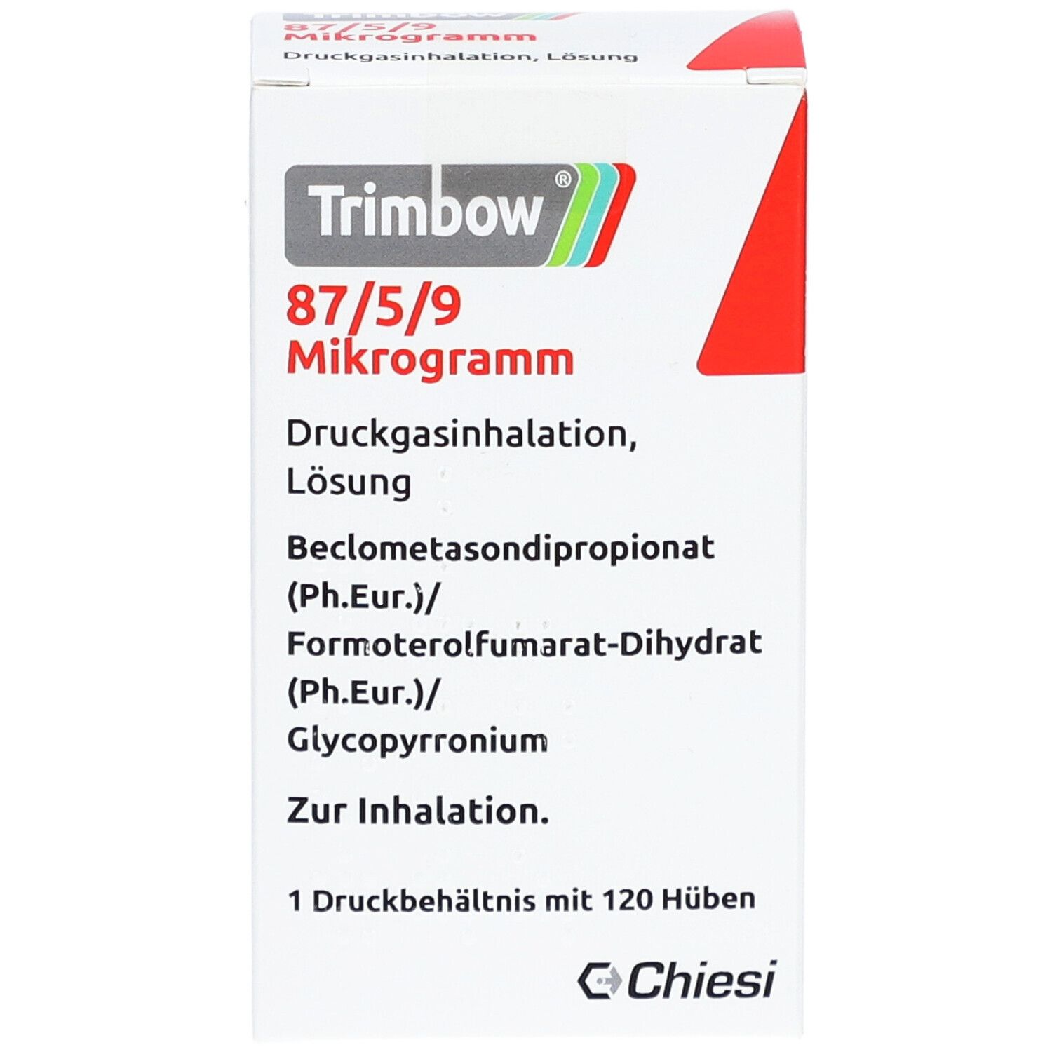 Weiße Faltschachtel mit roter Ecke. Aufdruck: Trimbow 87/5/9 Mikrogramm, Druckgasinhalation, Lösung. Enthält Beclometasondipropionat, Formoterolfumarat-Dihydrat, Glycopyrronium.