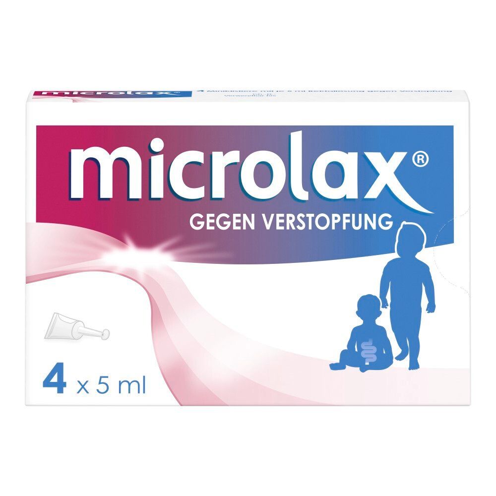 Verpackung mit Microlax® gegen Verstopfung. Enthält 4 Miniklistiere à 5 ml. Abbildung von Kindern.