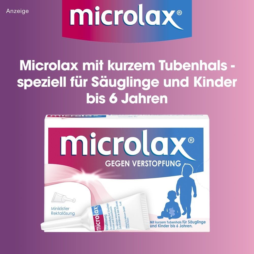 Anzeige mit Microlax® für Säuglinge und Kinder bis 6 Jahre. Produktverpackung und Miniklistier.