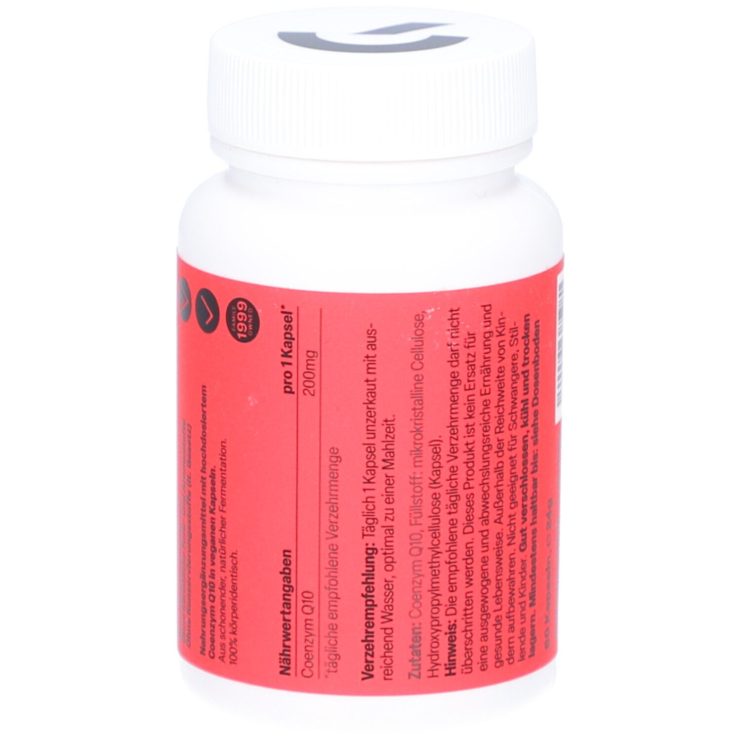 Weiße Flasche mit rotem Etikett. Aufschrift: Coenzym Q10, 200mg pro Kapsel. Rückseite mit Text. 1999 Logo.