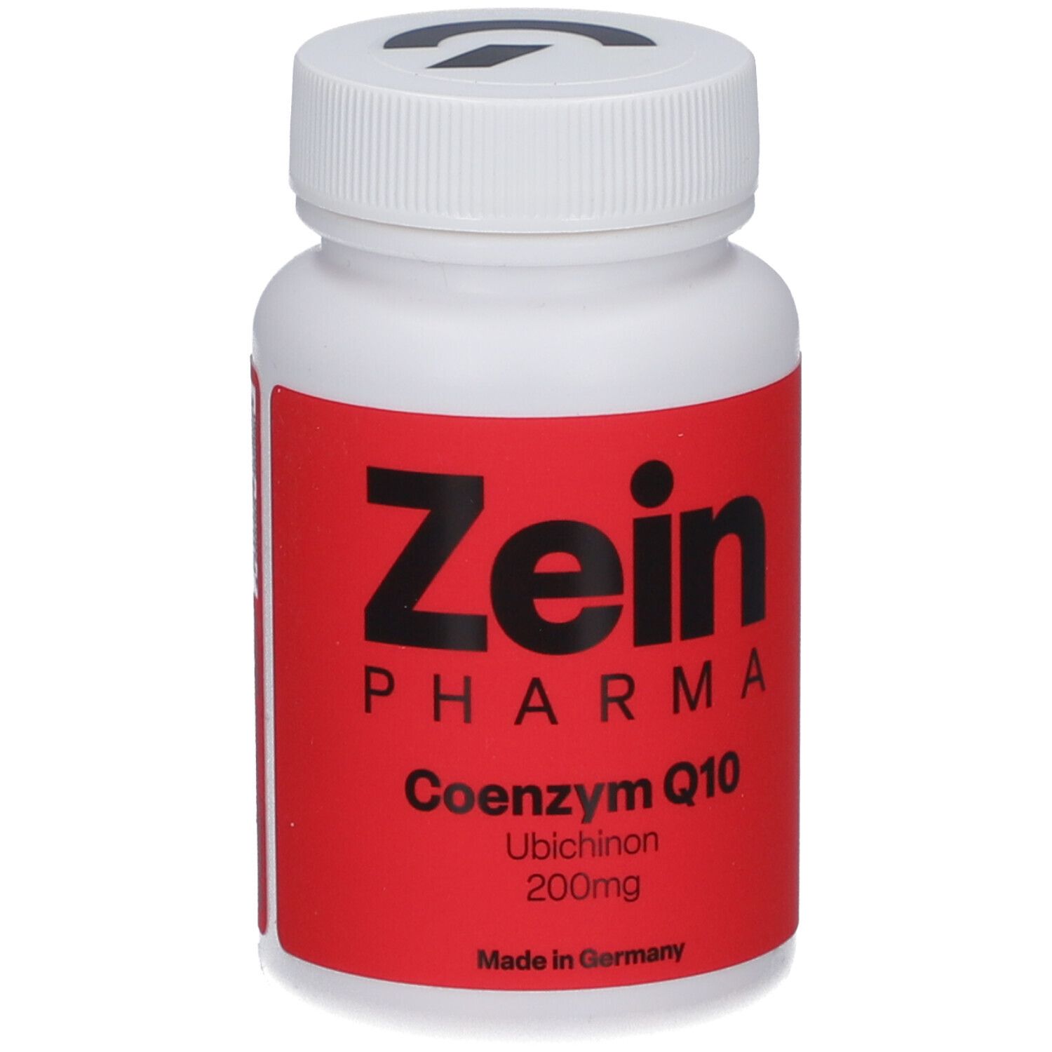 Weiße Flasche mit rotem Etikett. Aufschrift: Zein Pharma, Coenzym Q10, Ubichinon 200mg. Deckel mit Logo.