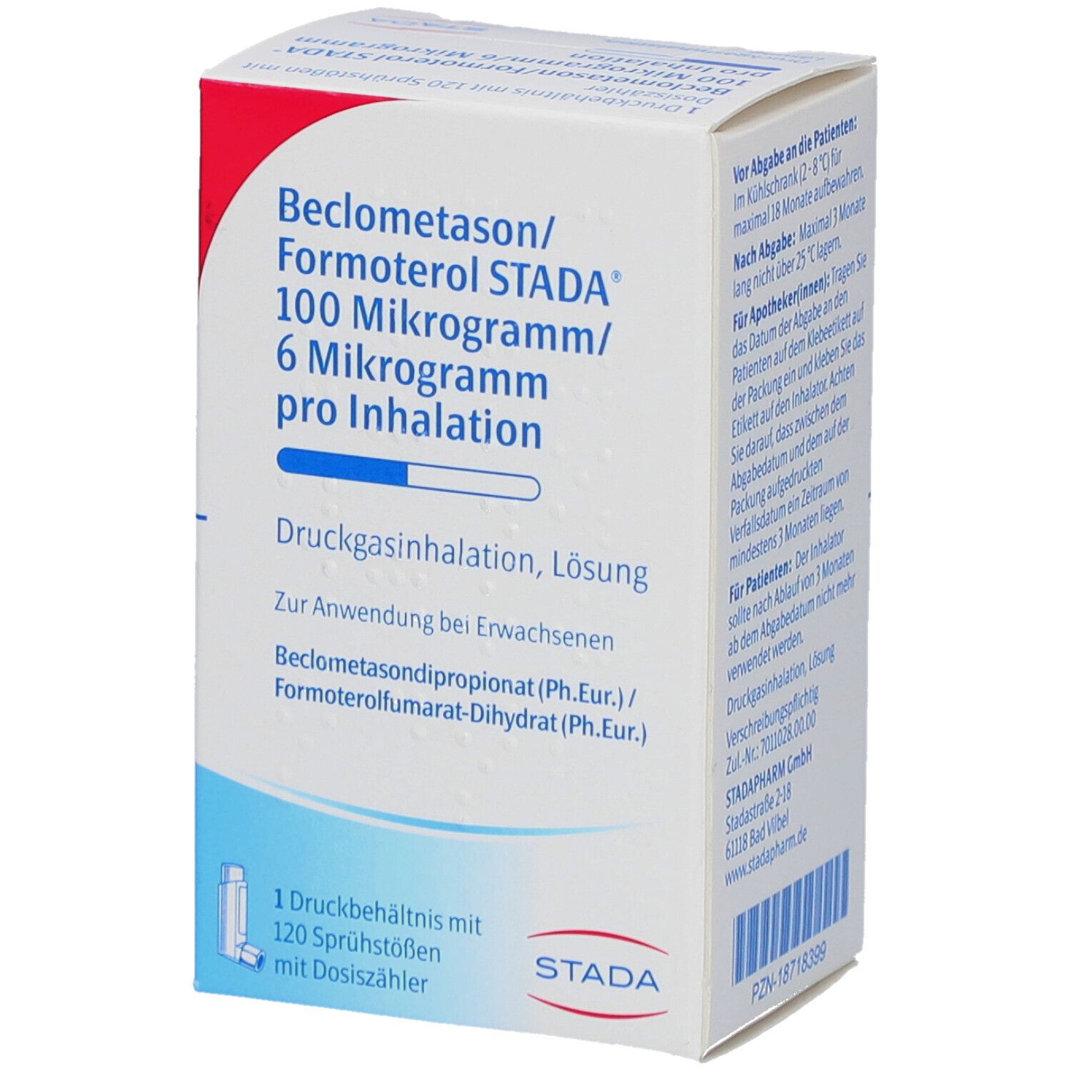 Schachtel mit Produktinformationen. Aufschrift: Beclometason/Formoterol STADA 100/6 µg. Inhalationslösung. STADA Logo. 120 Sprühstöße.