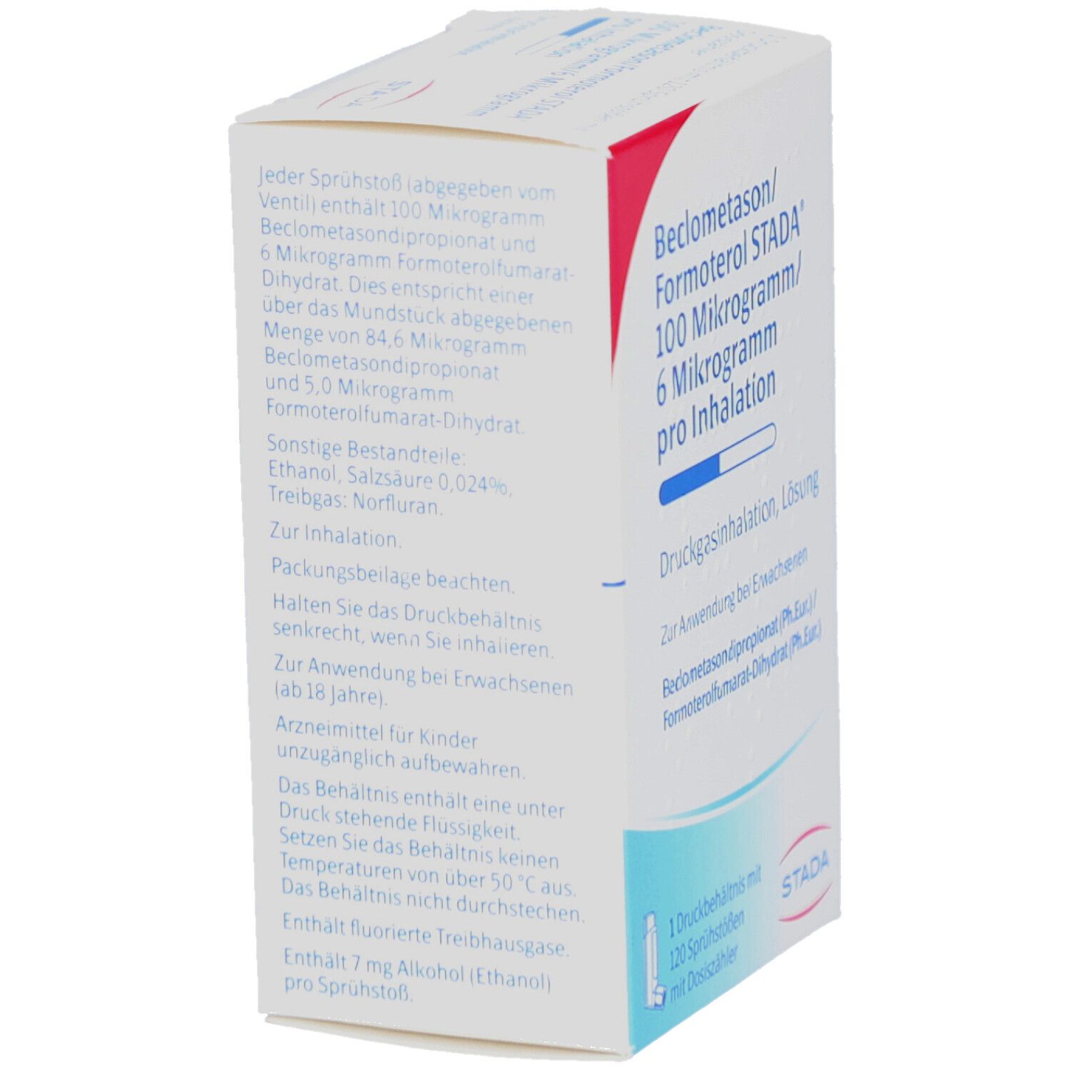 Seitenansicht der Schachtel. Text: Beclometason/Formoterol STADA 100/6 µg. Inhalationslösung. STADA Logo. 120 Sprühstöße. Text auf Deutsch.