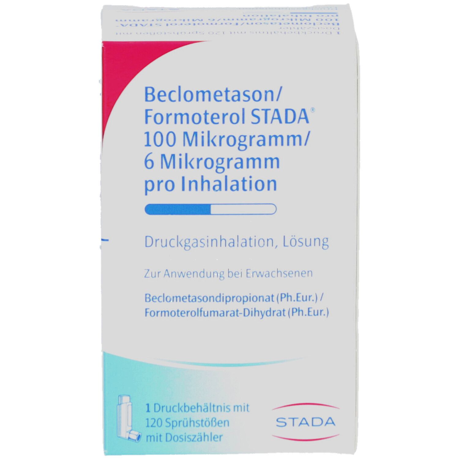 Vorderseite der Schachtel. Aufschrift: Beclometason/Formoterol STADA 100/6 µg. Inhalationslösung. STADA Logo. 120 Sprühstöße.