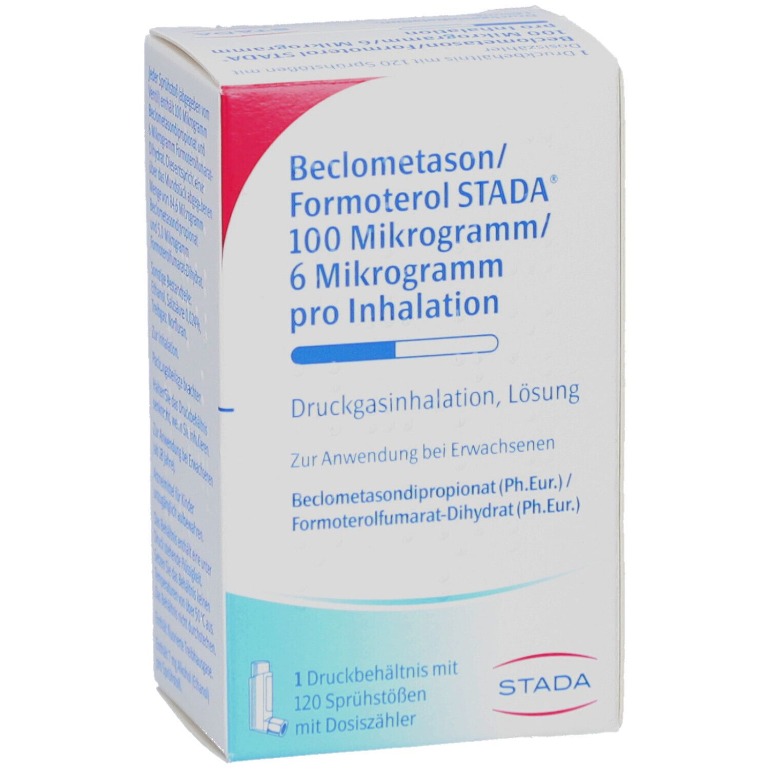 Schachtel, Vorderseite. Aufschrift: Beclometason/Formoterol STADA 100/6 µg. Inhalationslösung. STADA Logo. 120 Sprühstöße.