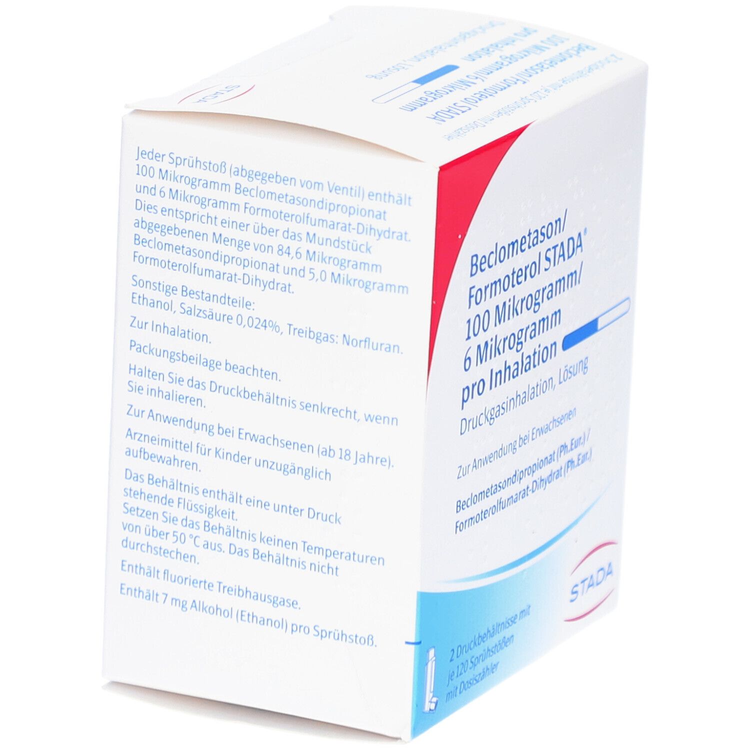 Weiße Faltschachtel, Seitenansicht. Text: Beclometason/Formoterol STADA 100/6 Mikrogramm pro Inhalation. STADA-Logo. Enthält 2 Sprühbehälter.
