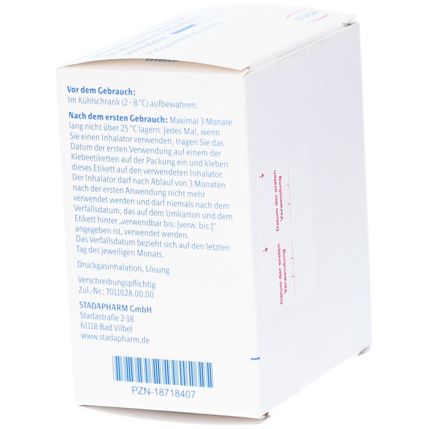 Weißer Karton mit Text. Informationen zur Aufbewahrung und Verfallsdatum. STADA Logo. PZN-18718407.