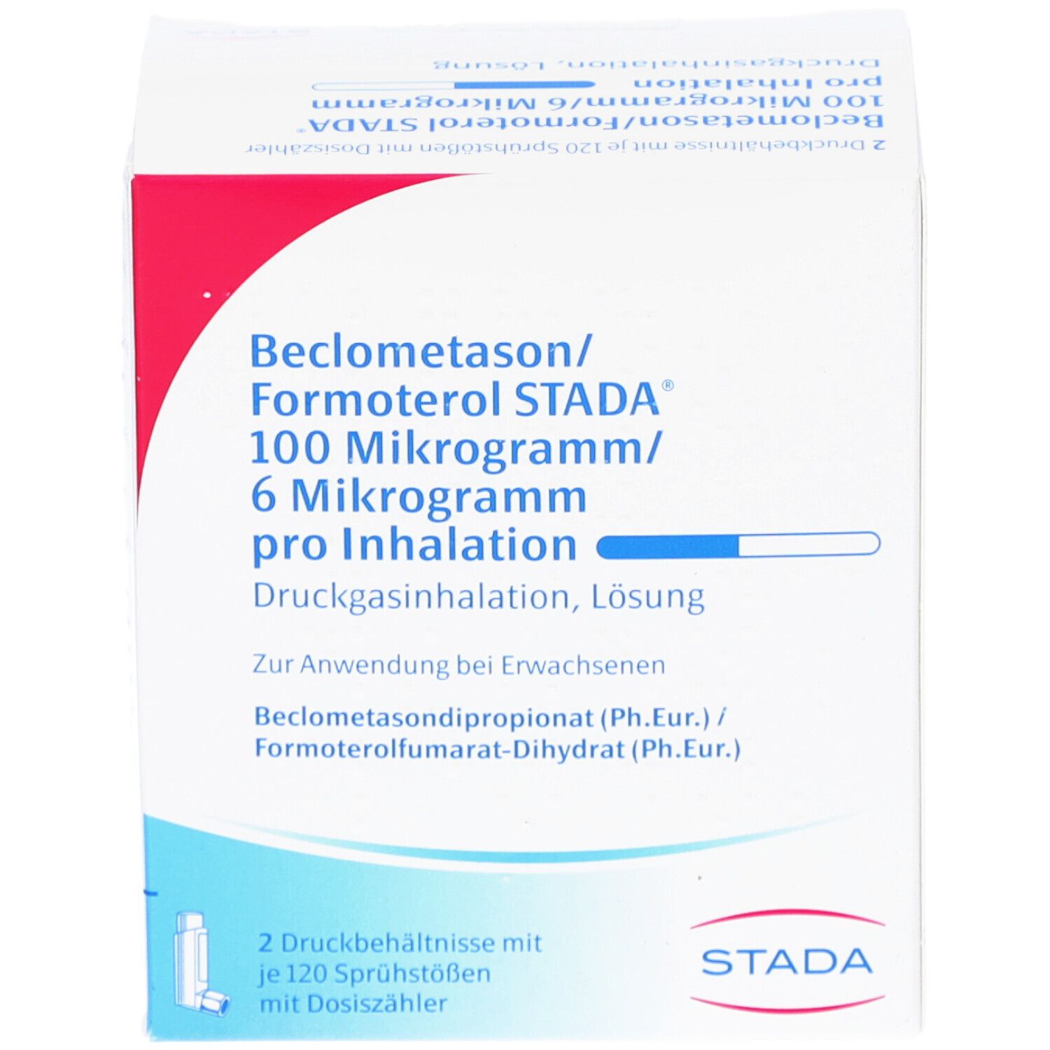 Weiße Faltschachtel mit roter und blauer Beschriftung. Text: Beclometason/Formoterol STADA 100/6 Mikrogramm pro Inhalation. STADA-Logo.