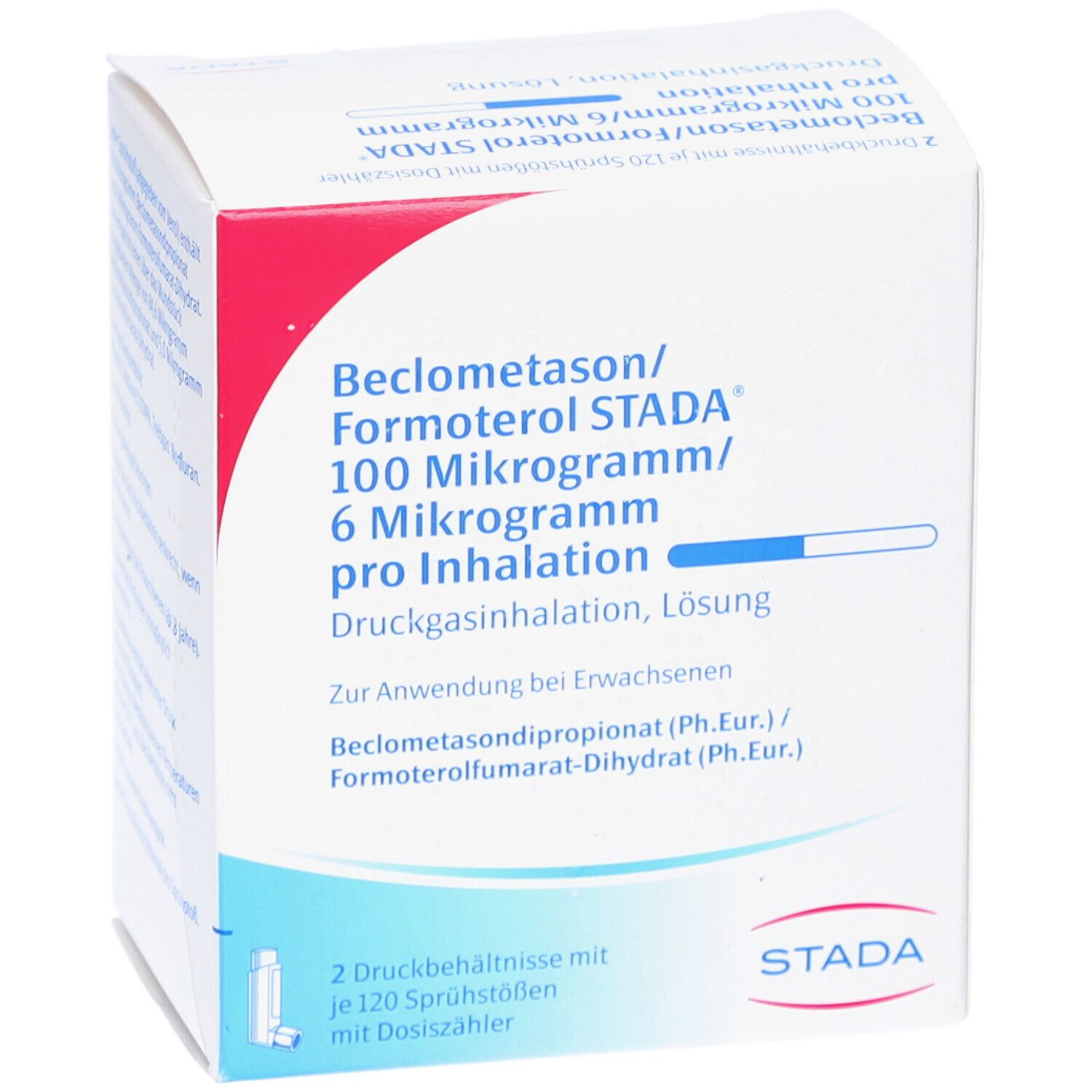 Weiße Faltschachtel mit roter und blauer Beschriftung. Text: Beclometason/Formoterol STADA 100/6 Mikrogramm pro Inhalation. STADA-Logo.