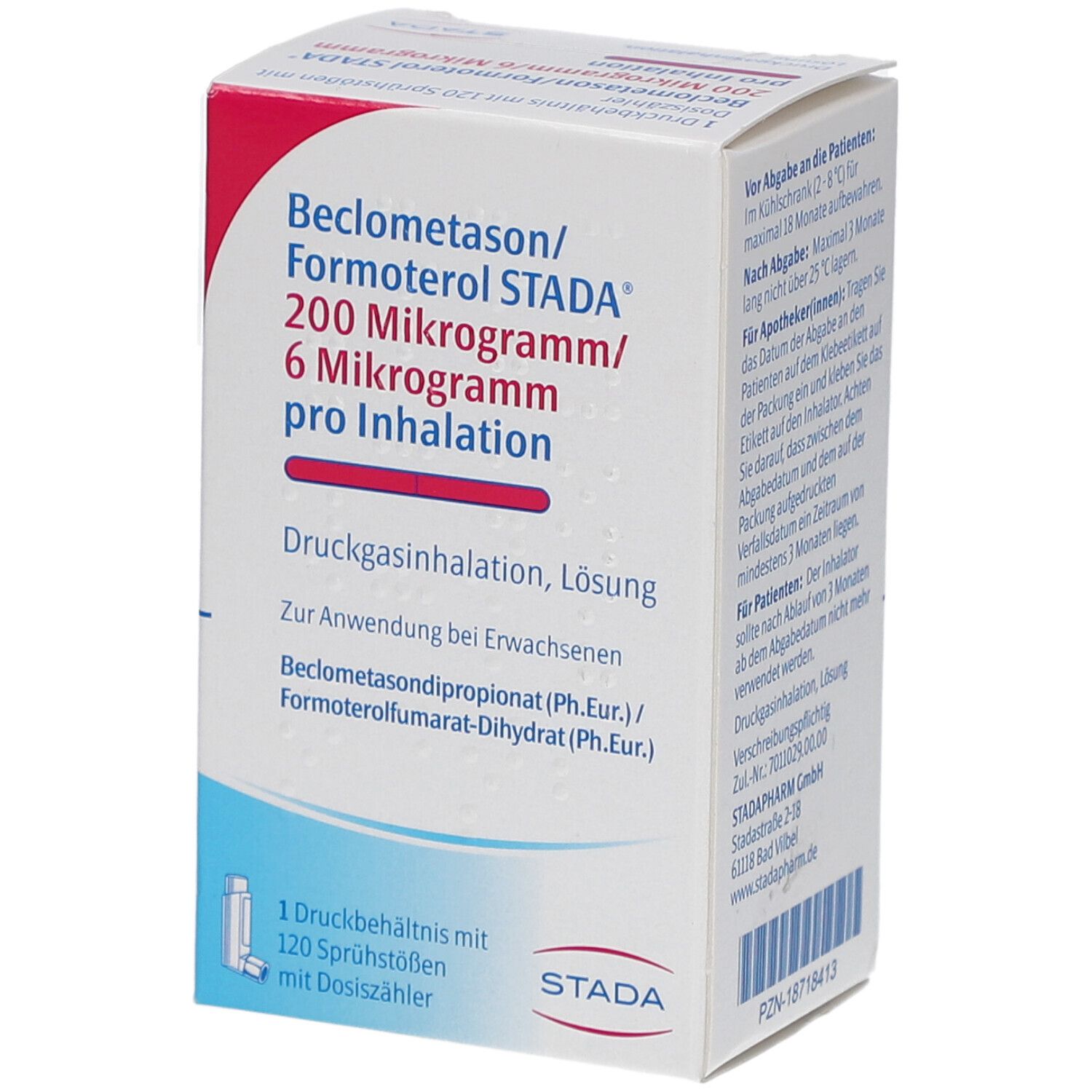 Weißer Karton mit roter und blauer Beschriftung. Enthält Beclometason/Formoterol STADA 200/6 Mikrogramm pro Inhalation. STADA Logo.