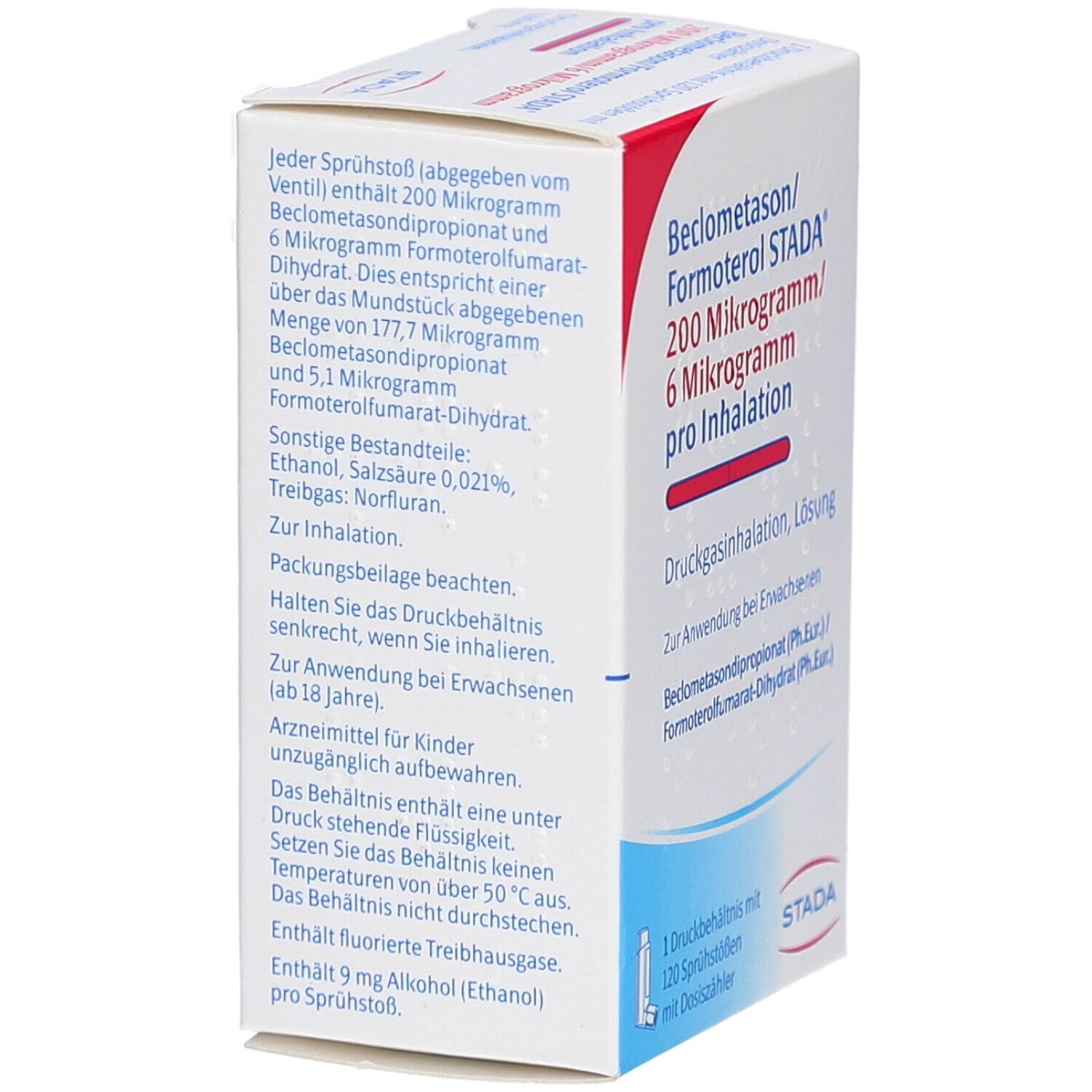 Weiße Schachtel mit Text. Enthält Informationen zu Inhaltsstoffen, Anwendung und Warnhinweisen. STADA Logo. Text in deutscher Sprache.