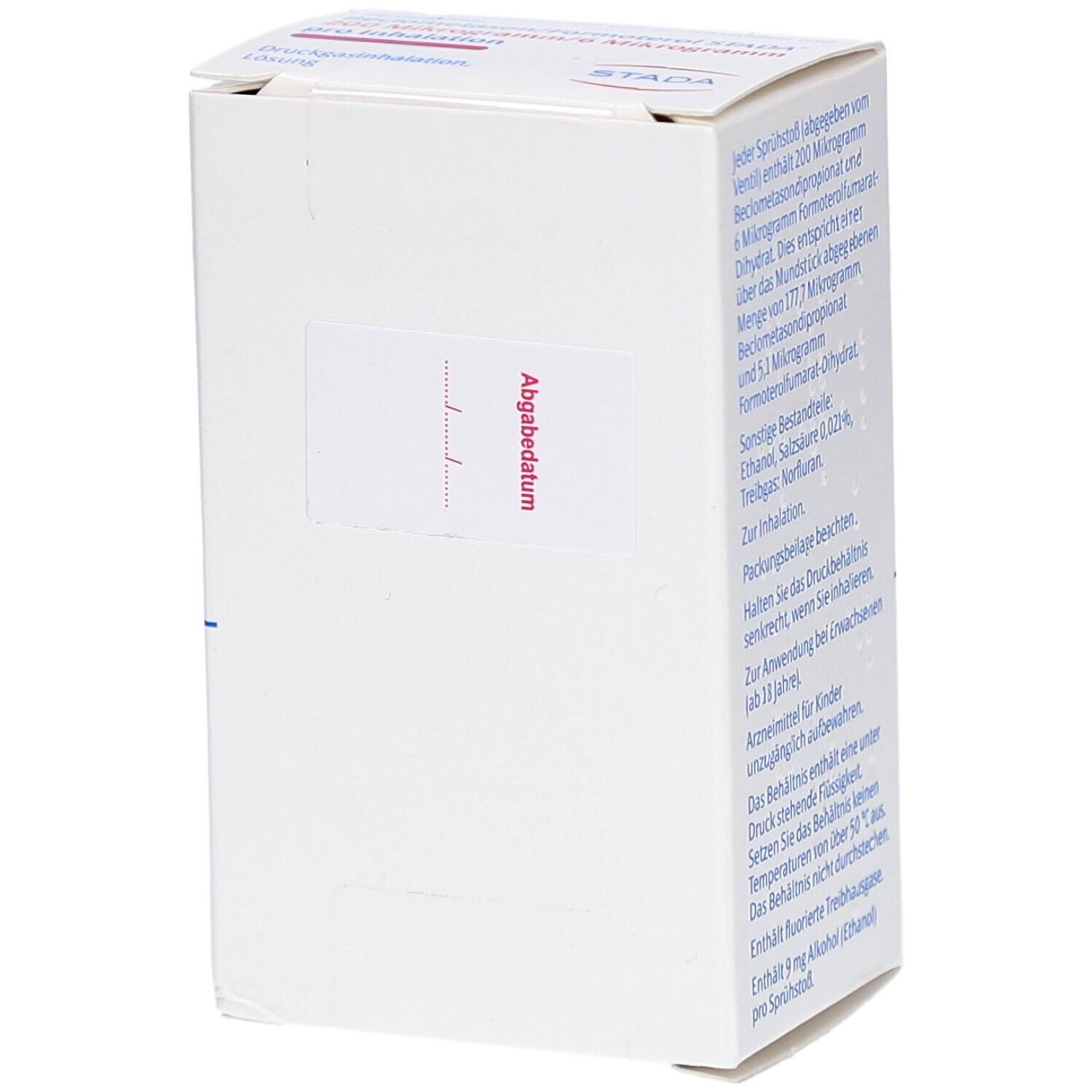 Weiße Schachtel mit Aufkleber. Aufkleber mit dem Wort 'Abgabedatum'. Rückseite der Schachtel mit Text in deutscher Sprache.