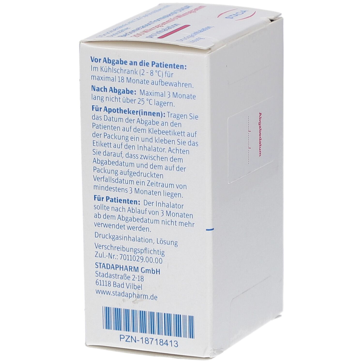 Weiße Schachtel mit Text. Enthält Informationen zur Lagerung und Verfallsdatum. STADA Logo. Text in deutscher Sprache.