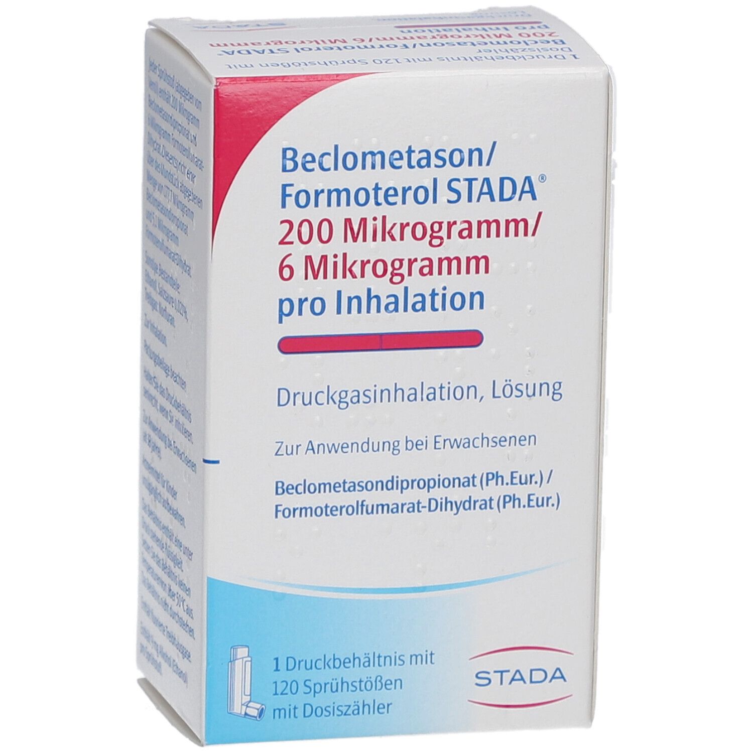 Weiße Schachtel mit roter und blauer Beschriftung. Enthält Beclometason/Formoterol STADA 200/6 Mikrogramm pro Inhalation. STADA Logo.