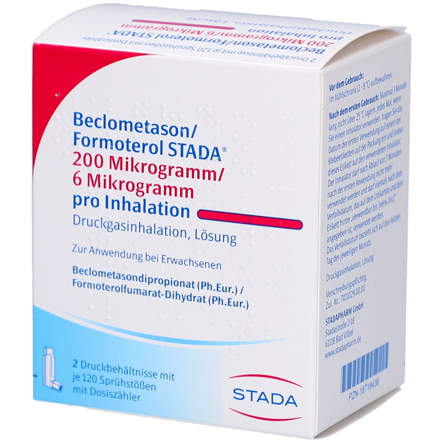 Weiße Faltschachtel mit roter und blauer Schrift. Aufschrift: Beclometason/Formoterol STADA 200 Mikrogramm/6 Mikrogramm pro Inhalation. 2 Druckbehältnisse.