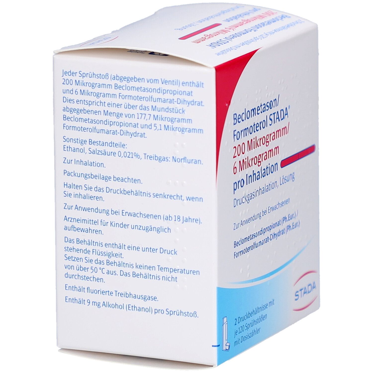 Weiße Faltschachtel mit roter und blauer Schrift. Aufschrift: Beclometason/Formoterol STADA 200 Mikrogramm/6 Mikrogramm pro Inhalation. STADA-Logo.