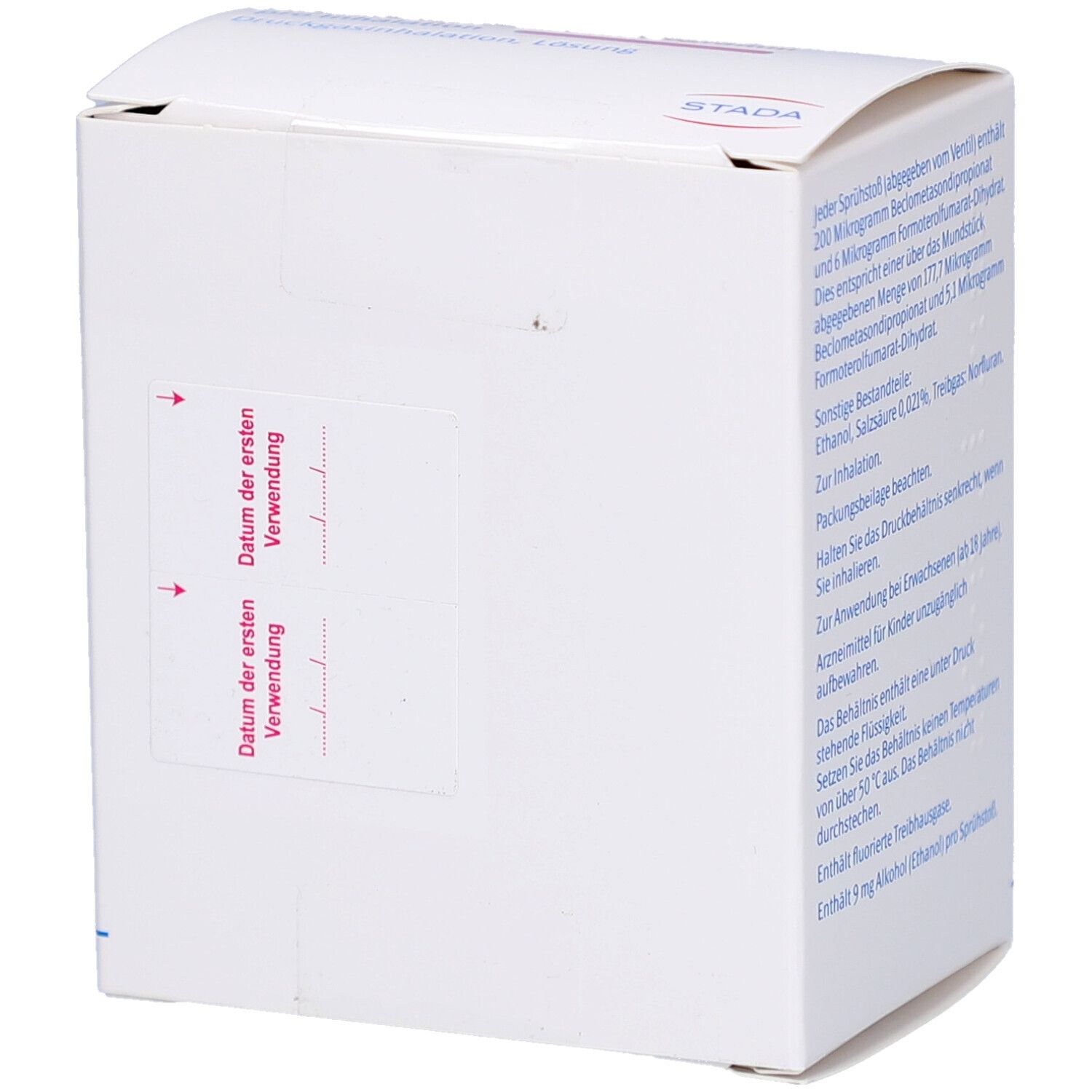 Weiße Faltschachtel mit roter Schrift. Aufkleber mit Datum der ersten Verwendung. Text auf Deutsch. STADA-Logo.