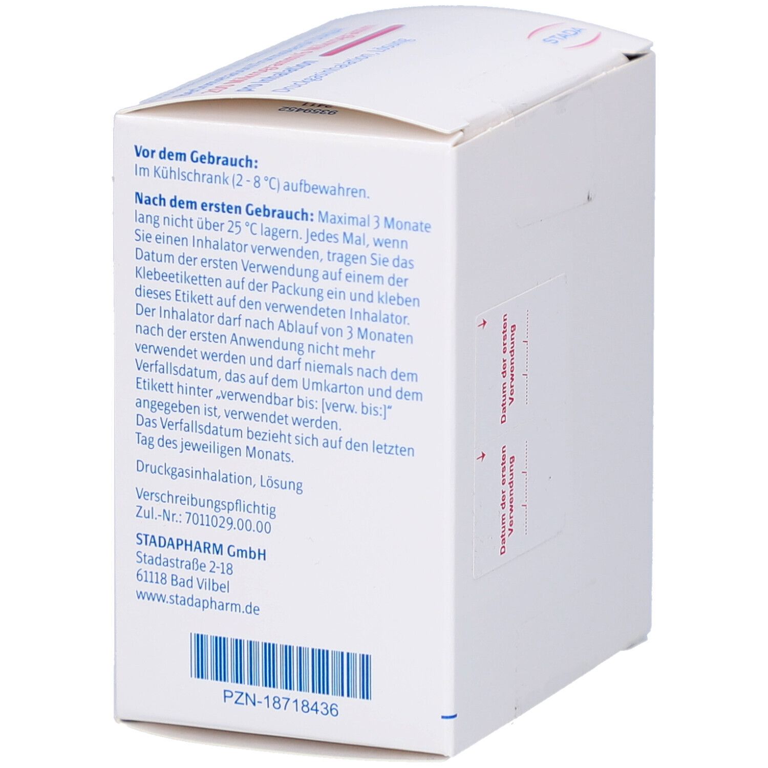 Weiße Faltschachtel mit roter Schrift. Text auf Deutsch. Informationen zur Anwendung und Lagerung. STADA-Logo. PZN-18718436.