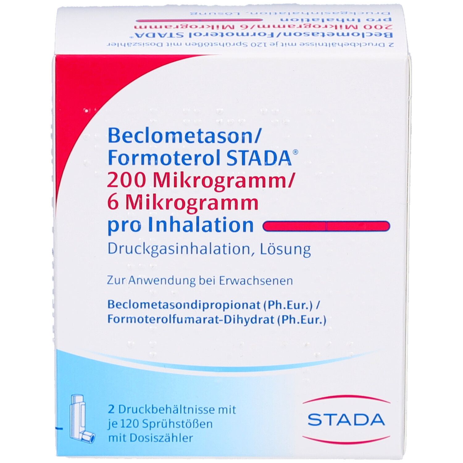 Weißer Karton mit roter und blauer Schrift. Beschriftung: Beclometason/Formoterol STADA 200 Mikrogramm/6 Mikrogramm pro Inhalation. STADA Logo.
