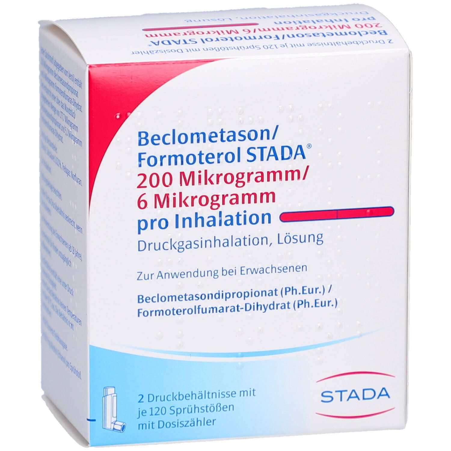 Weiße Faltschachtel mit roter und blauer Schrift. Aufschrift: Beclometason/Formoterol STADA 200 Mikrogramm/6 Mikrogramm pro Inhalation. STADA-Logo.