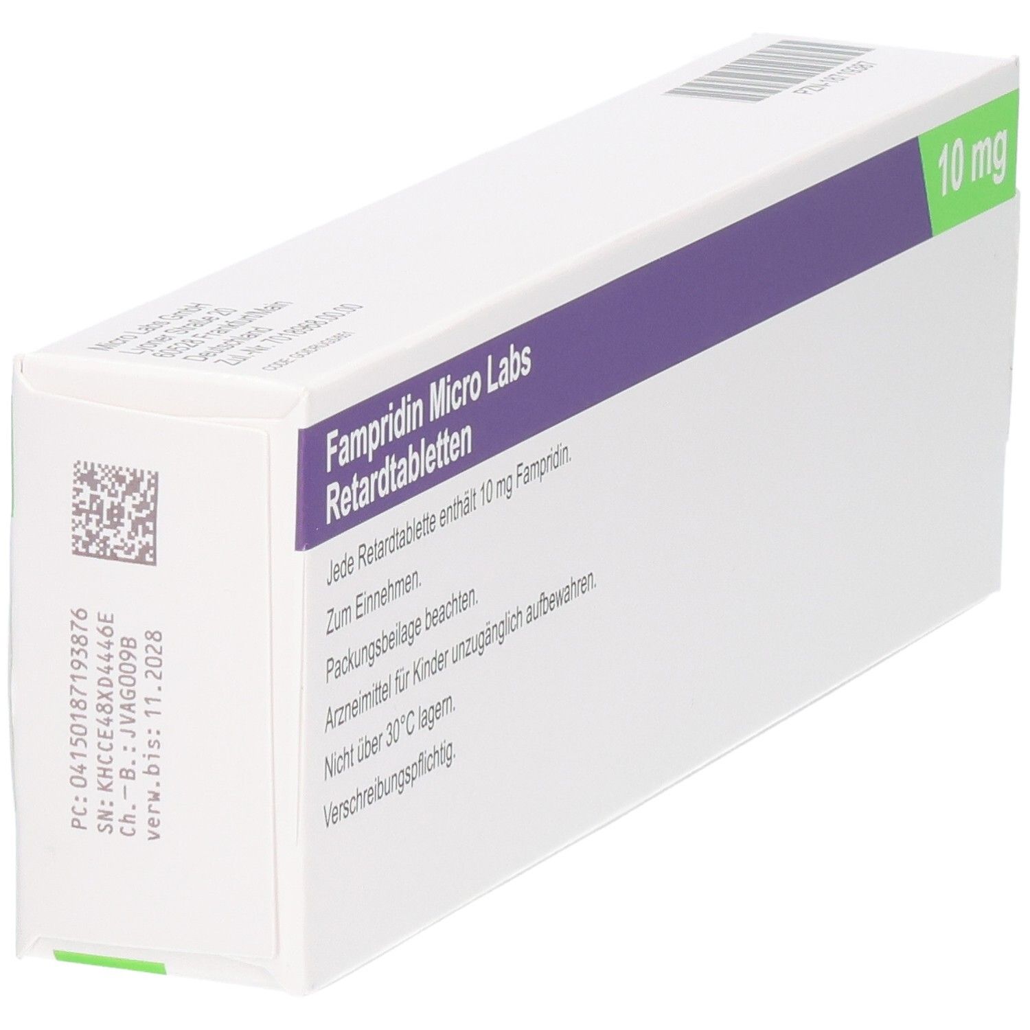 FAMPRIDIN Micro Labs 10 mg Retardtabletten Verpackung mit Chargennummer und Verfallsdatum.