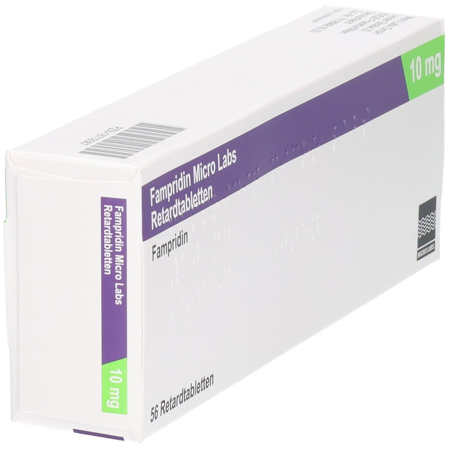 FAMPRIDIN Micro Labs 10 mg Retardtabletten Verpackung mit seitlicher Ansicht und Dosierungsangabe.