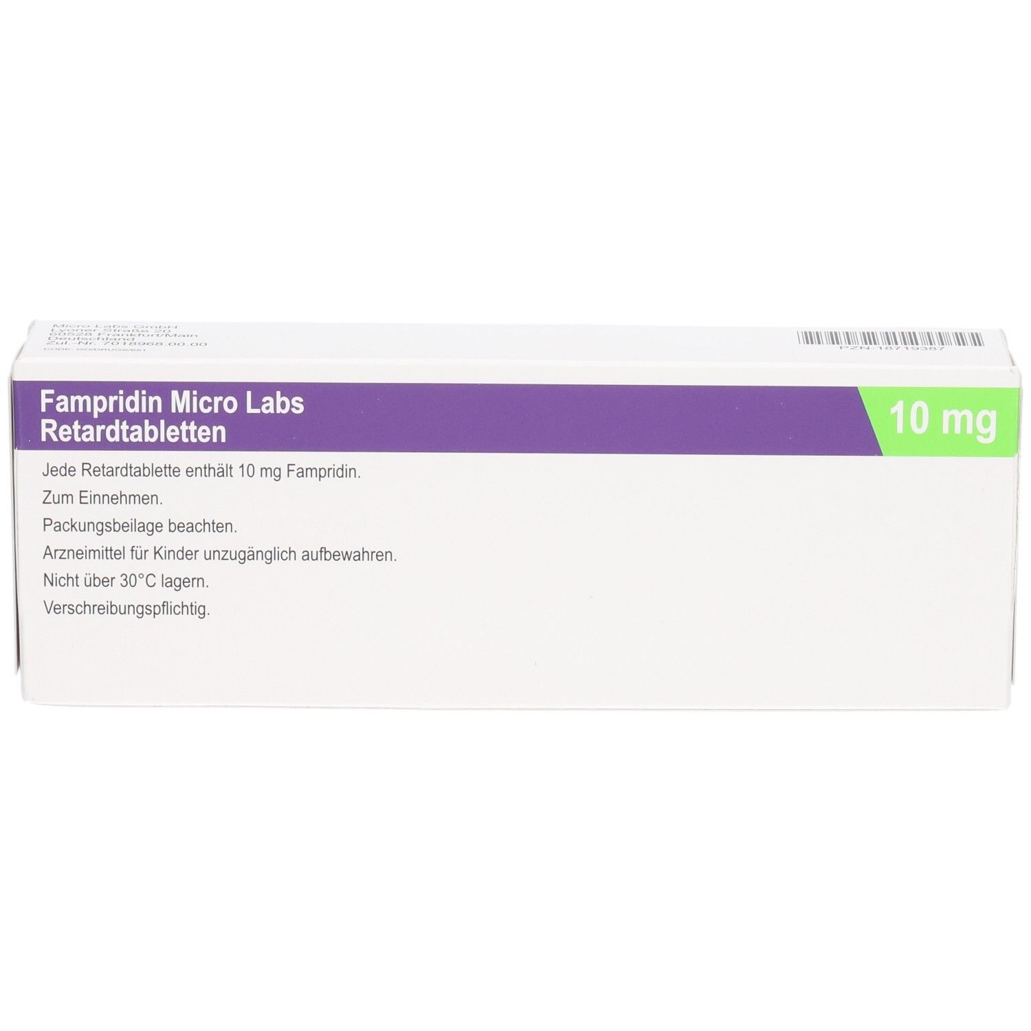 FAMPRIDIN Micro Labs 10 mg Retardtabletten Verpackung. Enthält 10 mg Fampridin pro Tablette.