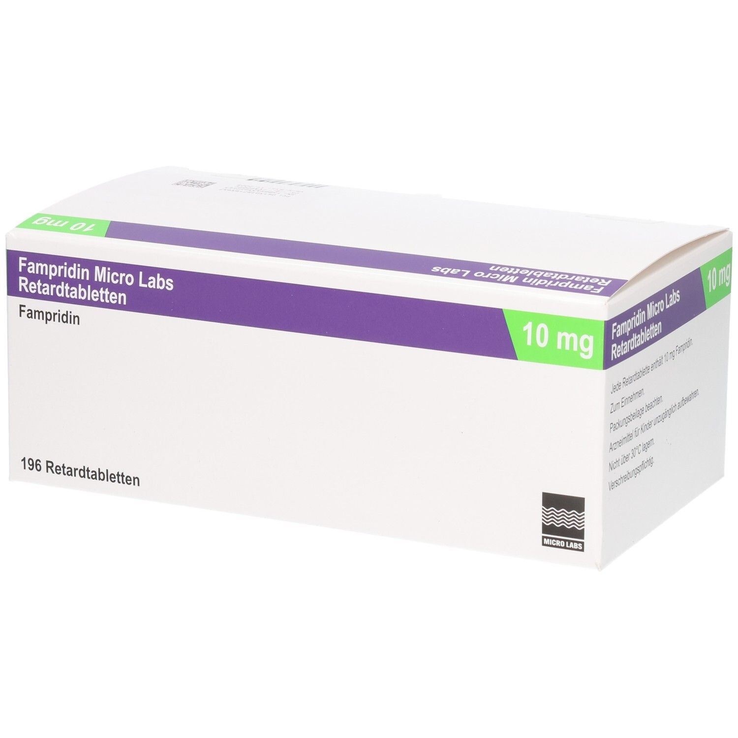Verpackung von Fampridin Micro Labs Retardtabletten, 10 mg, 196 Stück, Seitenansicht.