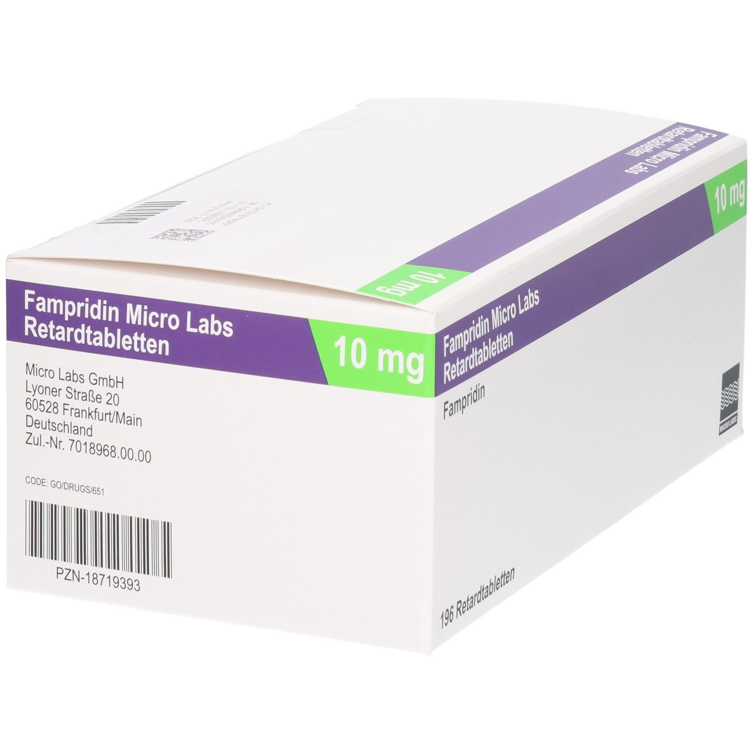 Verpackung von Fampridin Micro Labs Retardtabletten, 10 mg, mit Adresse des Herstellers.