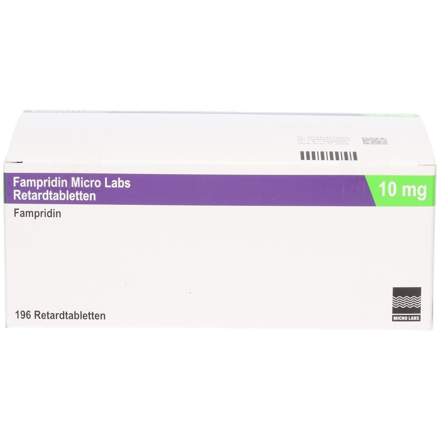 Verpackung von Fampridin Micro Labs Retardtabletten, 10 mg, 196 Stück, Vorderansicht.
