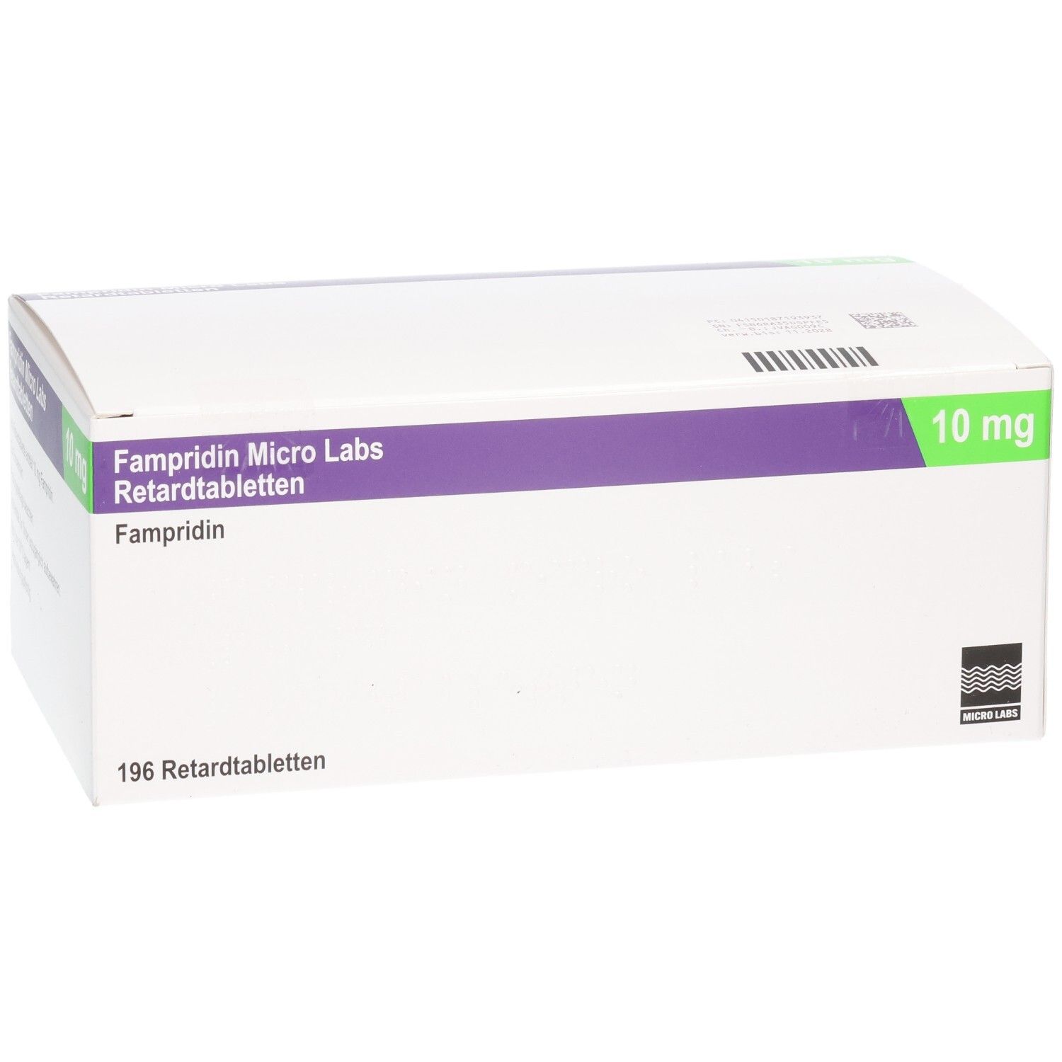 Verpackung von Fampridin Micro Labs Retardtabletten, 10 mg, 196 Stück, schräg von vorne.
