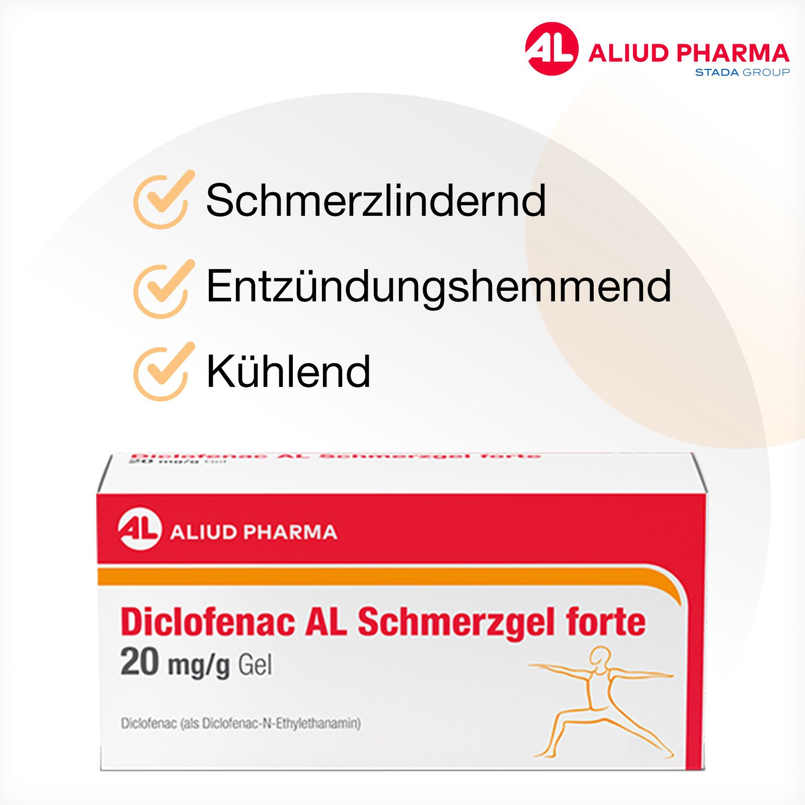 Faltschachtel Diclofenac AL Schmerzgel forte 20 mg/g mit Vorteilen.