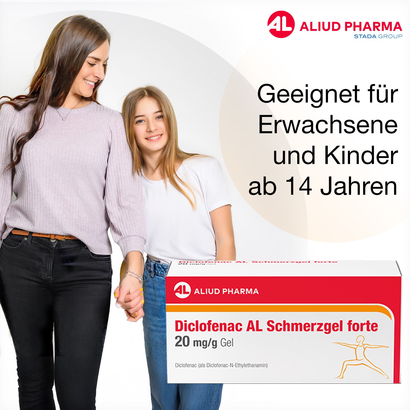 Frau und Mädchen mit Faltschachtel Diclofenac AL Schmerzgel forte 20 mg/g.