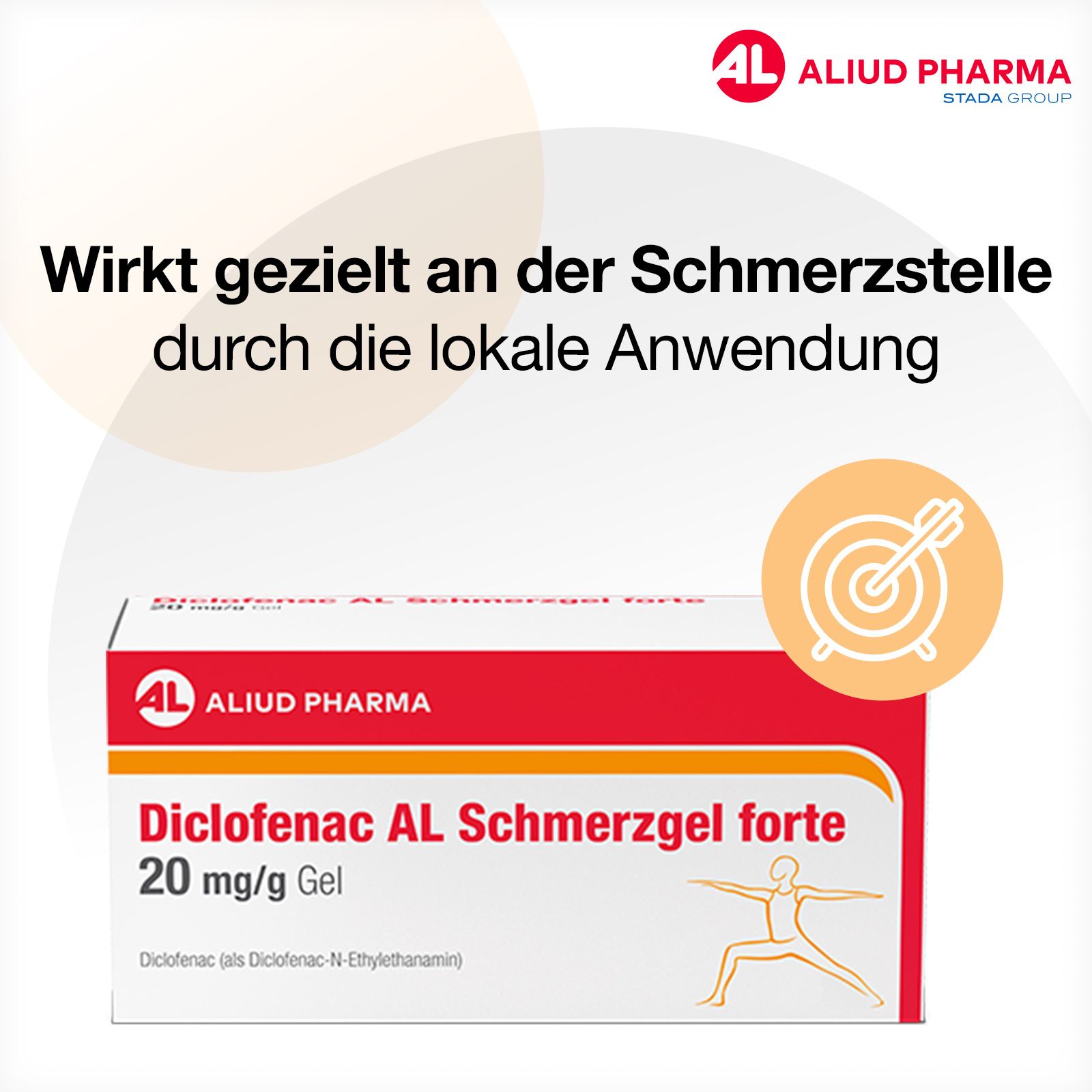 Zielscheibe mit Pfeil. Faltschachtel mit Diclofenac AL Schmerzgel forte 20 mg/g.