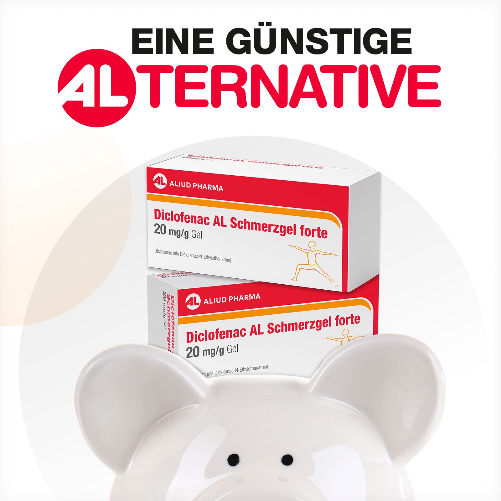Zwei Faltschachteln mit Diclofenac AL Schmerzgel forte 20 mg/g auf einem weißen Bärenkopf.