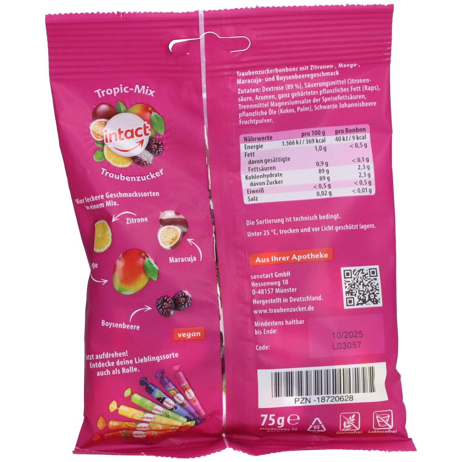 Intact Traubenzucker Beutel Tropic-Mix 75 g Bonbons