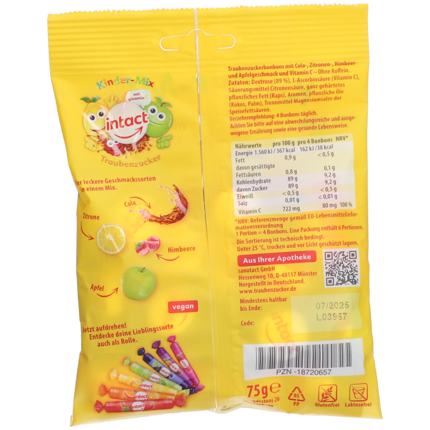 Intact Traubenzucker Beutel Kinder-Mix+Vitamin C 75 g Bonbons