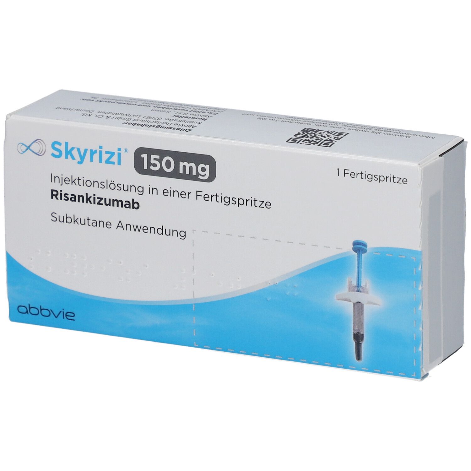 Schachtel mit SKYRIZI 150 mg Injektionslösung. Fertigspritze und Produktinformationen sind sichtbar.