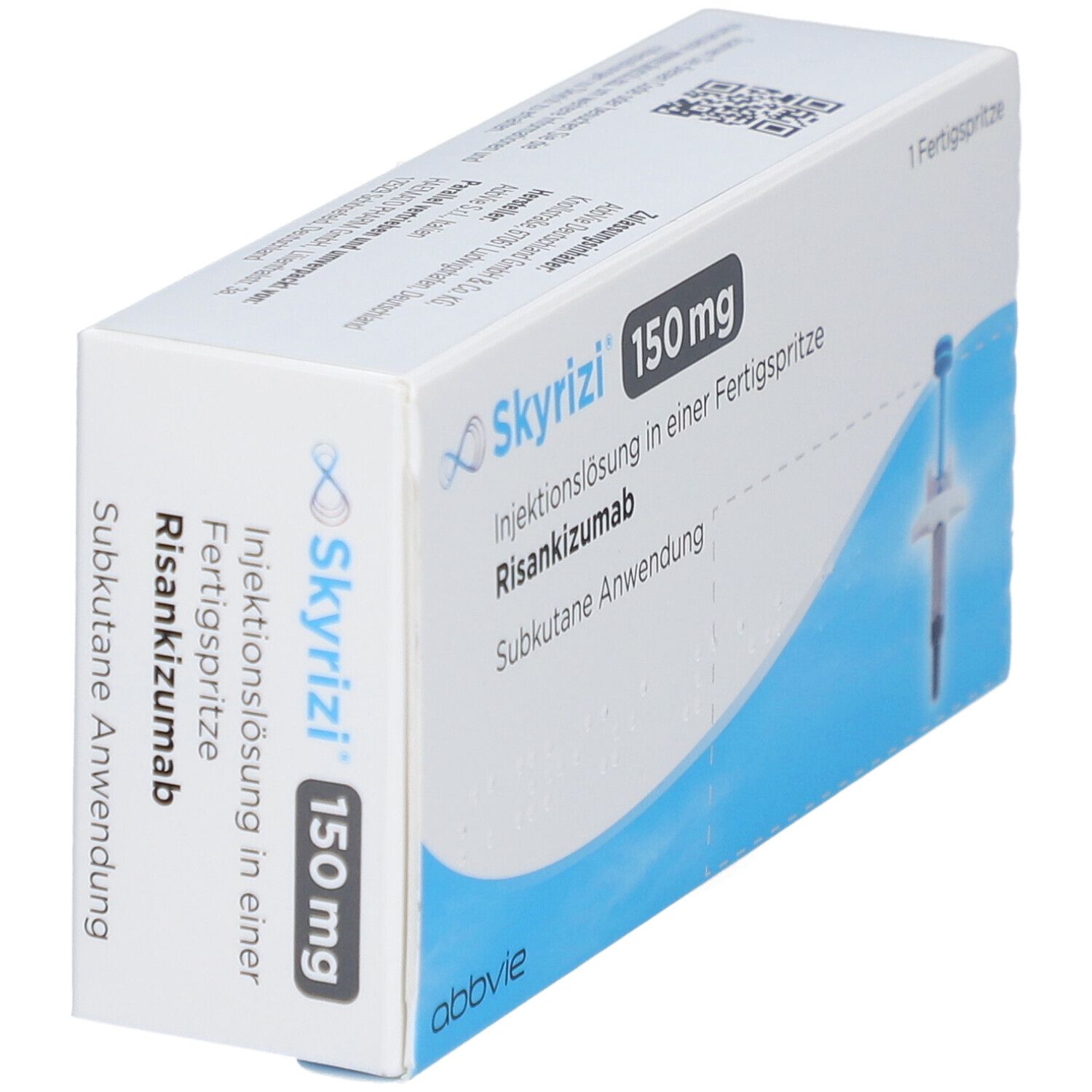 Schachtel SKYRIZI 150 mg. Fertigspritze und Produktinformationen sind auf der Verpackung abgebildet.