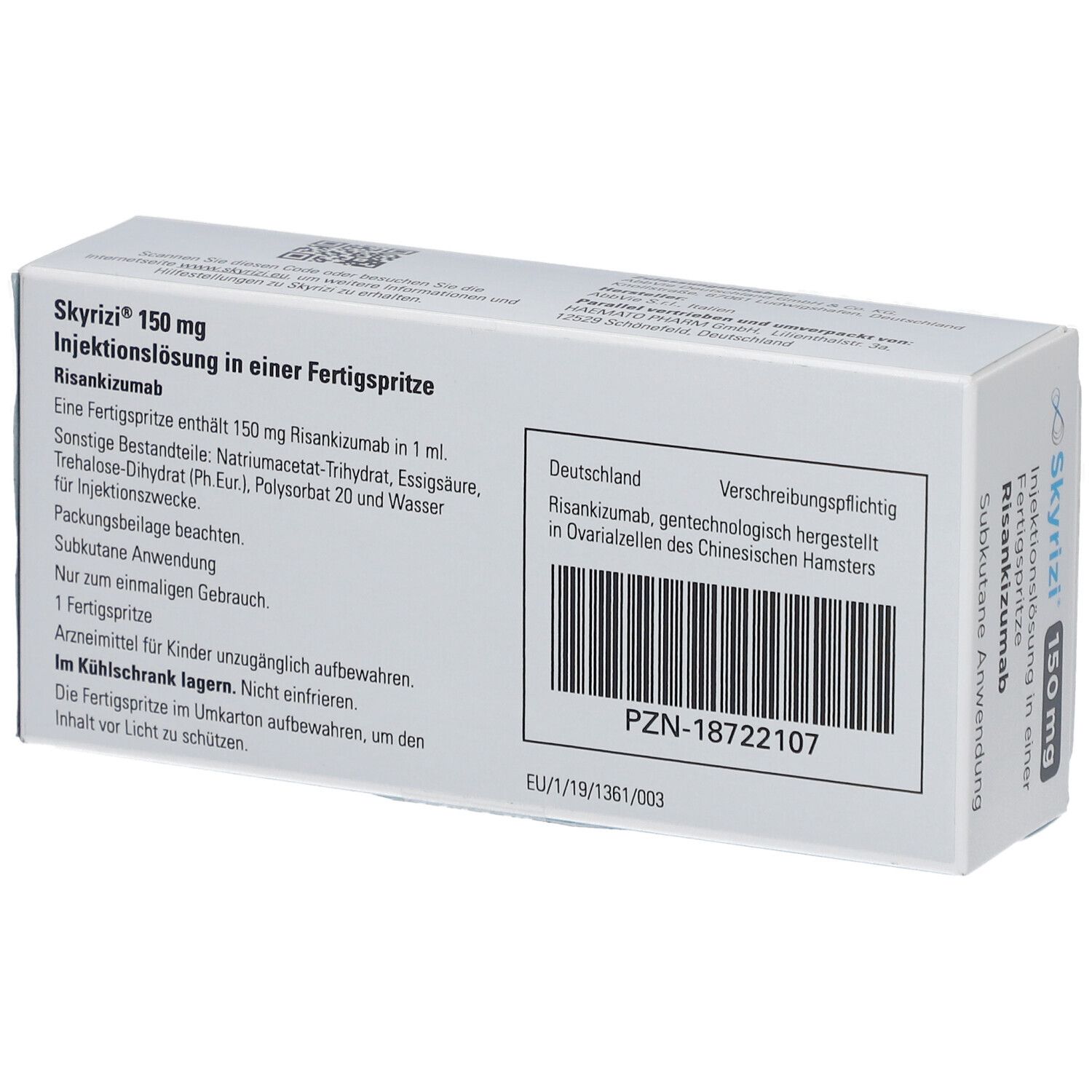 Rückseite der SKYRIZI 150 mg Schachtel. Textinformationen und Barcode sind sichtbar.