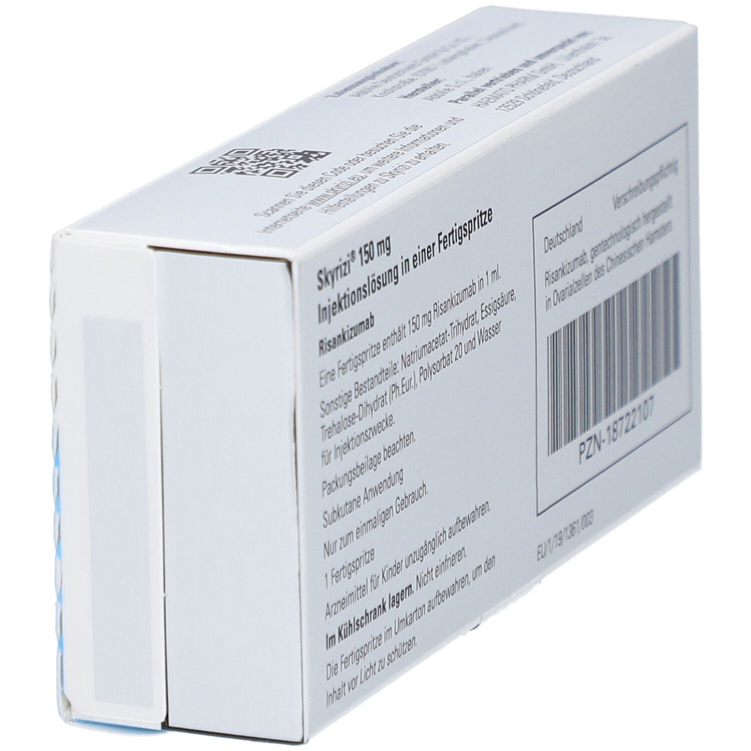 Seitenansicht der SKYRIZI 150 mg Schachtel. Textinformationen und Barcode sind sichtbar.