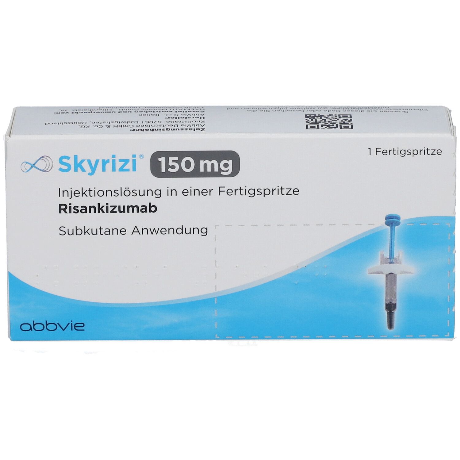 Schachtel mit SKYRIZI 150 mg Injektionslösung. Fertigspritze und Produktinformationen sind sichtbar.