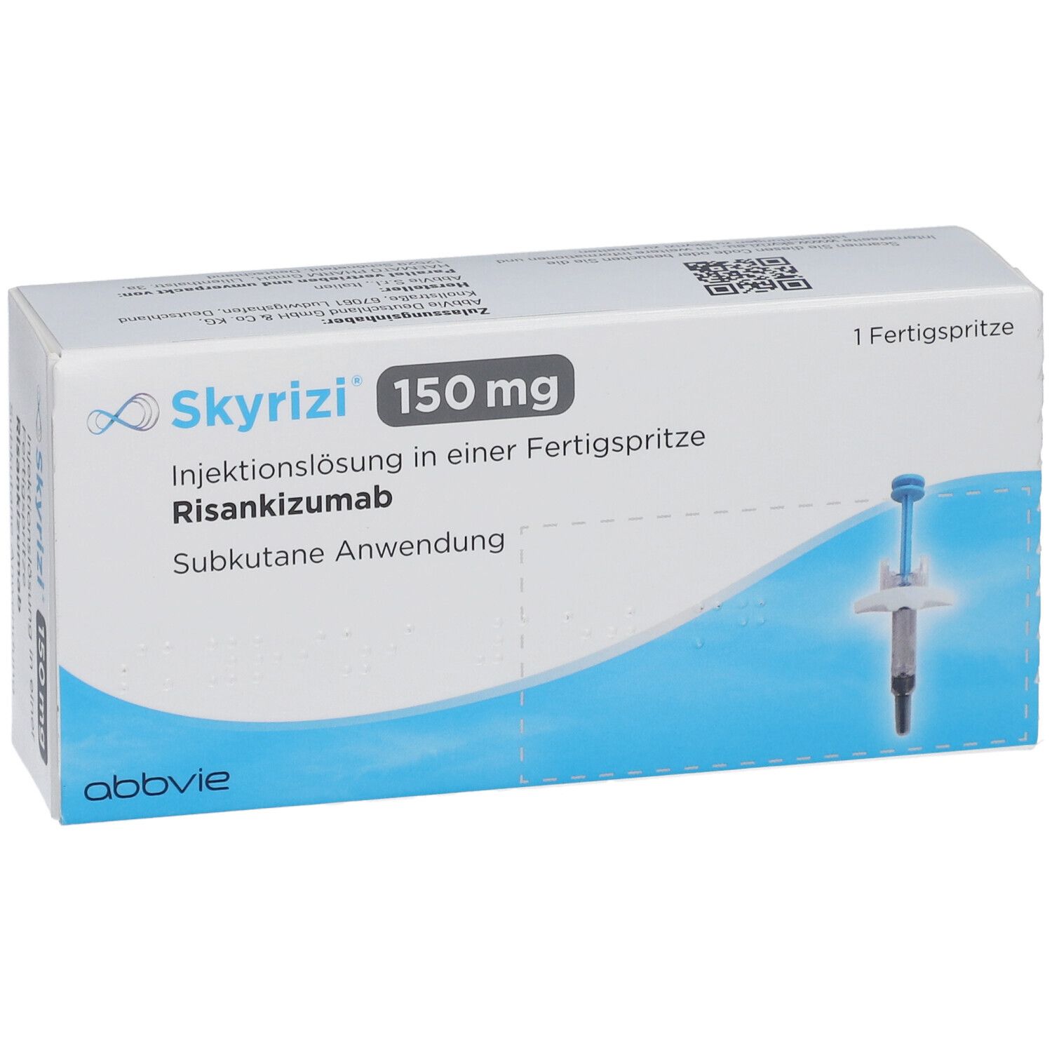 Schachtel mit SKYRIZI 150 mg Injektionslösung. Fertigspritze und Produktinformationen sind sichtbar.